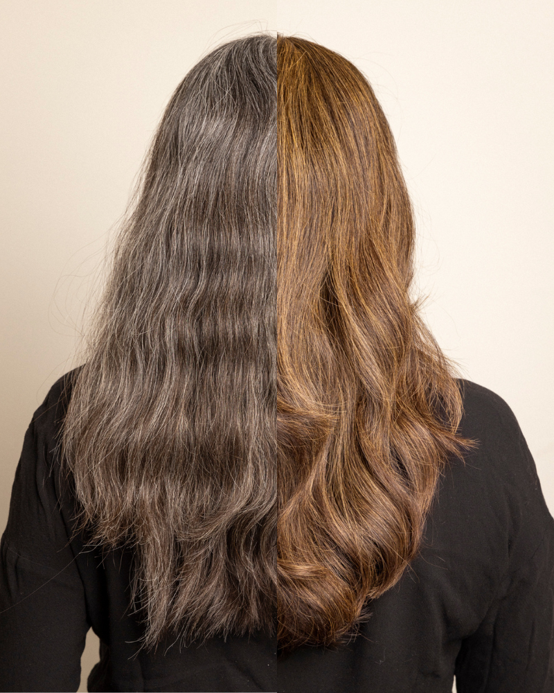 before/after: "Voor- en na-resultaat Green Heads Goudbruin op lang haar – warme goudbruine glans zonder PPD"