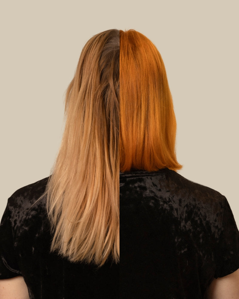 Voor- en na-resultaat Green Heads Henna plantenkleuring – warme rode hennatint zonder PPD