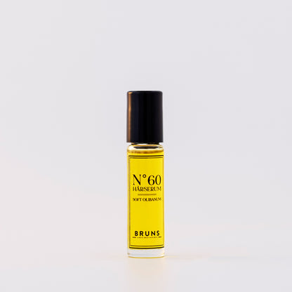 Glazen flesje BRUNS No 60 haarserum met natuurlijke olie, geur soft olibanum, geschikt voor droog en gevoelig haar.
